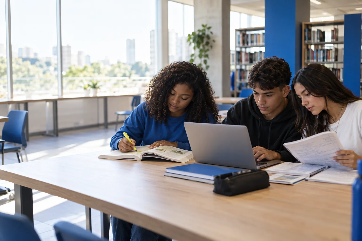 Estudantes estudando para o ENEM em uma biblioteca